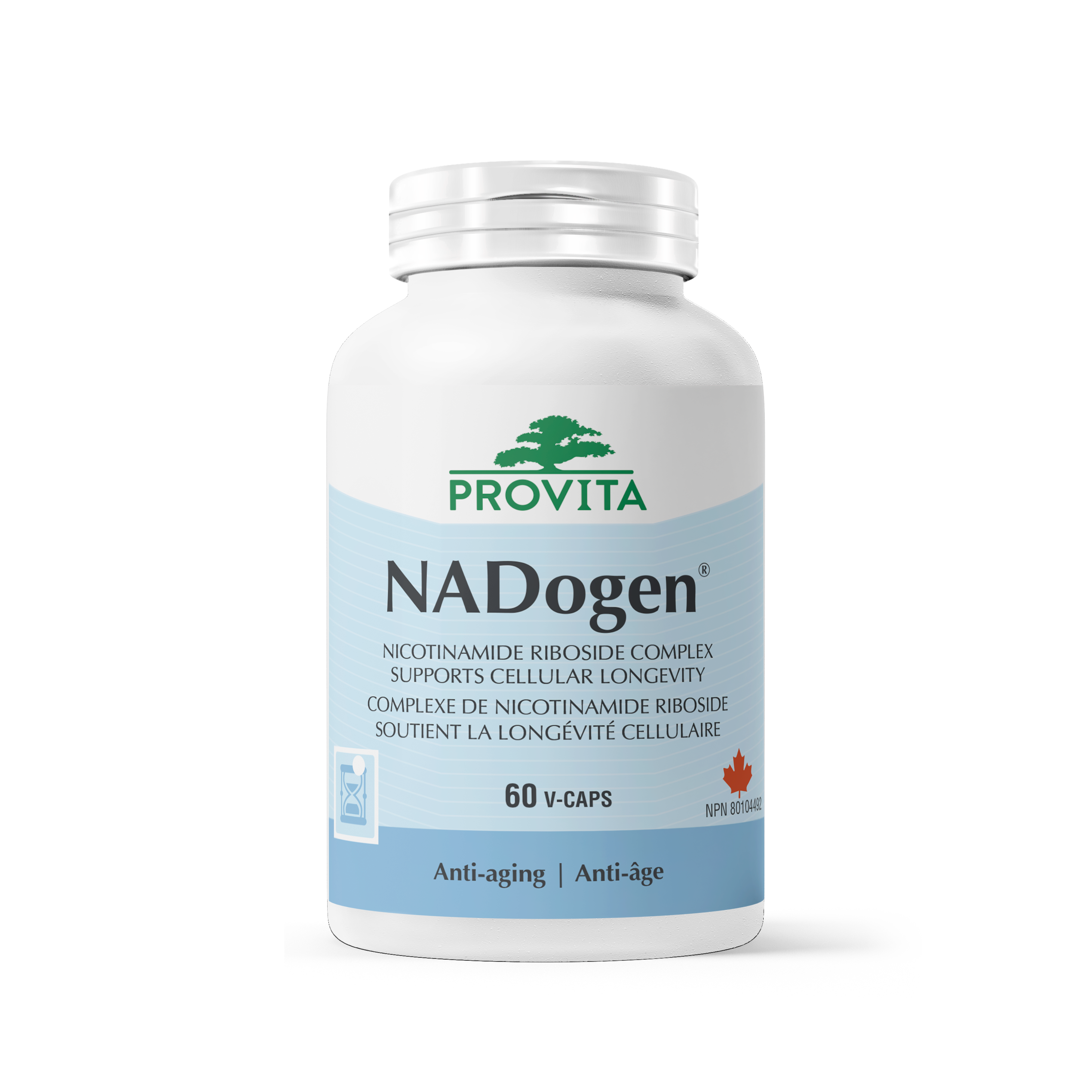 NADogen® supplement bottle, supports cellular energy and longevity, anti-aging formula by Provita.